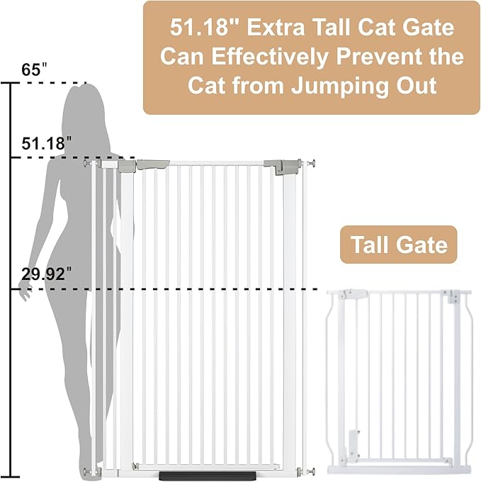 51.18" Extra Tall Cat Gate for Doorway, 30.5"-40" Auto Close Pet Gate Include 2.75" and 5.5" Extension Kits, No Drilling Pressure Mount Kit, Suitable for Doorways or Kitchen, New White