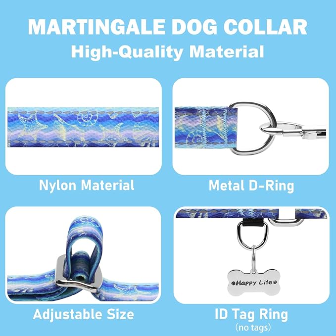 Reflective Martingale Collar for Dogs Nylon Training Collar with No Buckle, No Pull Adjustable Dog Collar for Large Dogs（Blue Starfish，L）