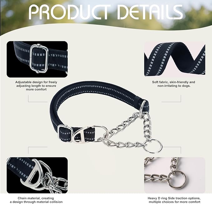 Martingale Dog Collar with Soft Padded - Reflective Choke Chain Collar, Heavy Duty Dual D-Rings no Pull Dog colla for Large/Medium/XL,XXL Dogs Dogs - Comfort Training Collar(Black L)