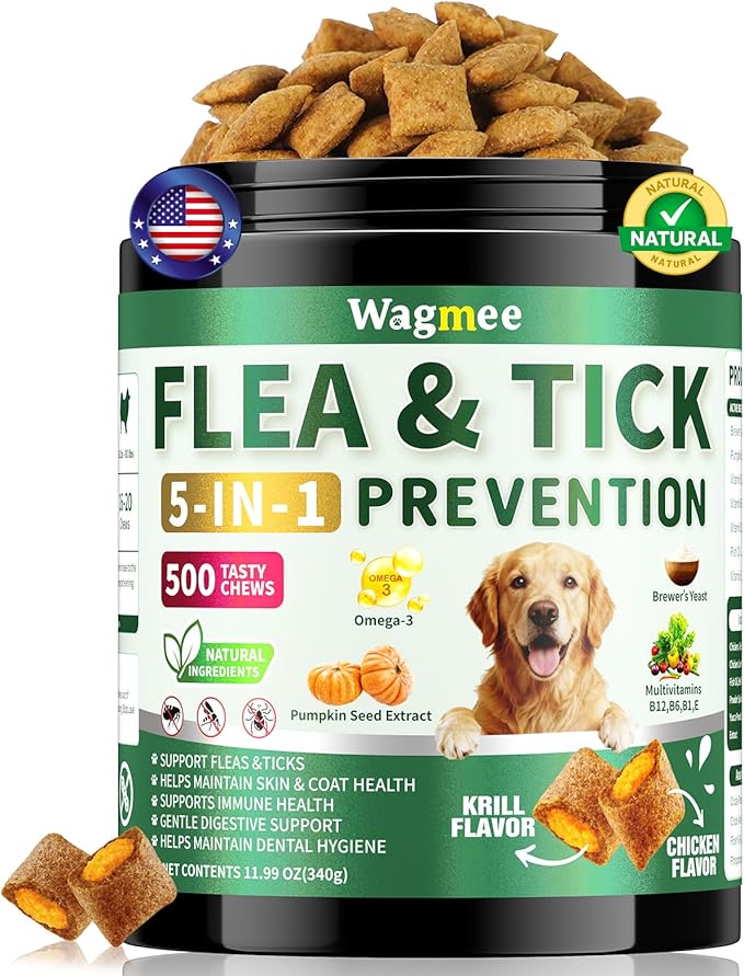 Flea and Tick Prevention for Dogs Chews – 500 Tasty Chicken Flavor Soft Chews, with Pumpkin Seed Extract, Fish Oil, and Vitamins for Dogs, Puppies, All Breeds & Ages.