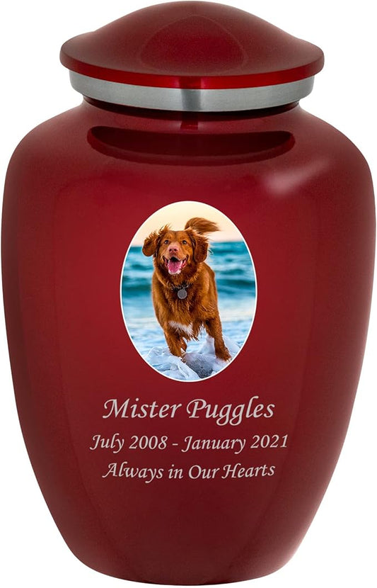 Homage Medium Custom Photo Pet Cremation Urn for Pet Ashes - Vase Style Pet Urn - 80 Cubic Inch Capacity - Personalization Included (Crimson)