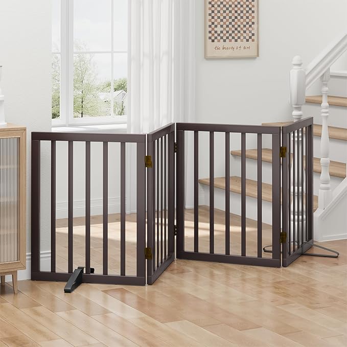 Dog Gates for Doorways, Foldable Dog Gate Indoor, Freestanding Pet Gates for Doorways Bedroom, Puppy Gate with Metal Support Feet, Room Divider 4 Panels (Brown)