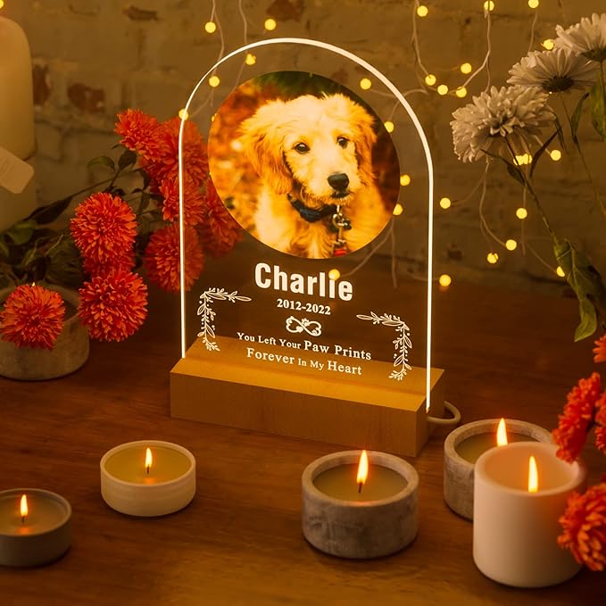 Bemaystar Personalized Dog Memorial Gifts Custom Dog Memorial Night Lights for Grieving Pet Owners, Pet Loss Gifts Cat memorial gifts Loss of Dog Sympathy Gift with Picture Name Date Custom Plaque