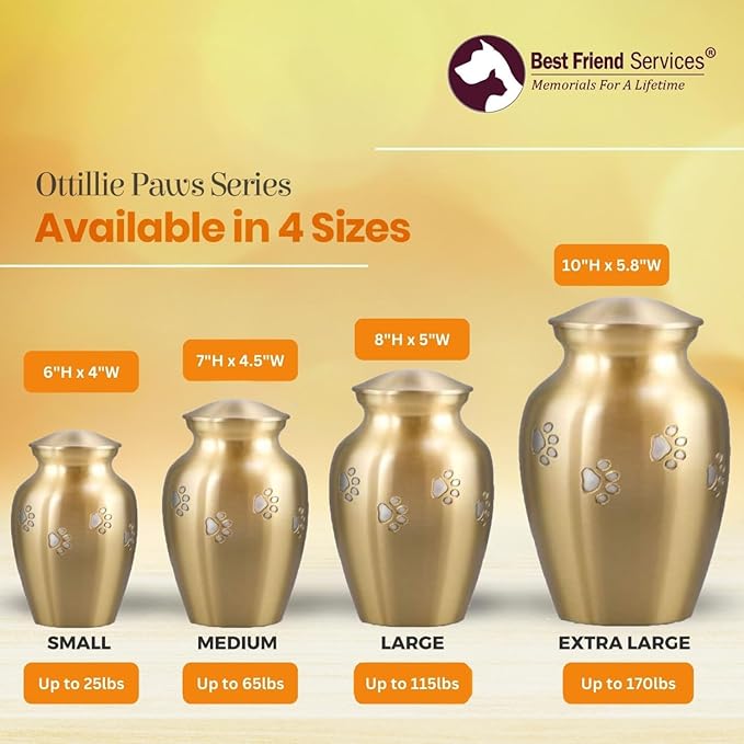 Ottillie Paws Legacy Series Pet Urn for Dogs, Handmade Brass Memorial Cremation Urn (X-Large - Pets up to 170 lbs, Brass, Horizontal Pewter Paws)