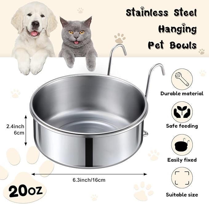 mumufy 6 Pieces Stainless Steel Hanging Water Bowls with Holder Detached Anti Spill Pet Metal Bowl Cage Kennel Crate Food Bowl(16 x 6 cm)
