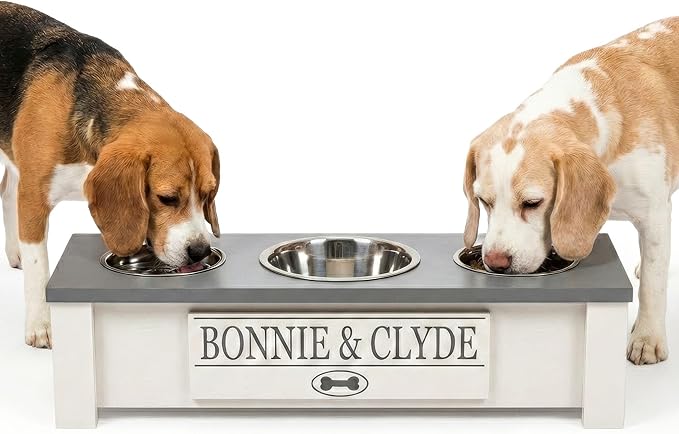 GTW Elevated 3 Bowl Dog Feeding Station - Customized Triple Stand for Small Dog Breeds - Includes Storage & Stainless Steel Bowls (Small, Grey)