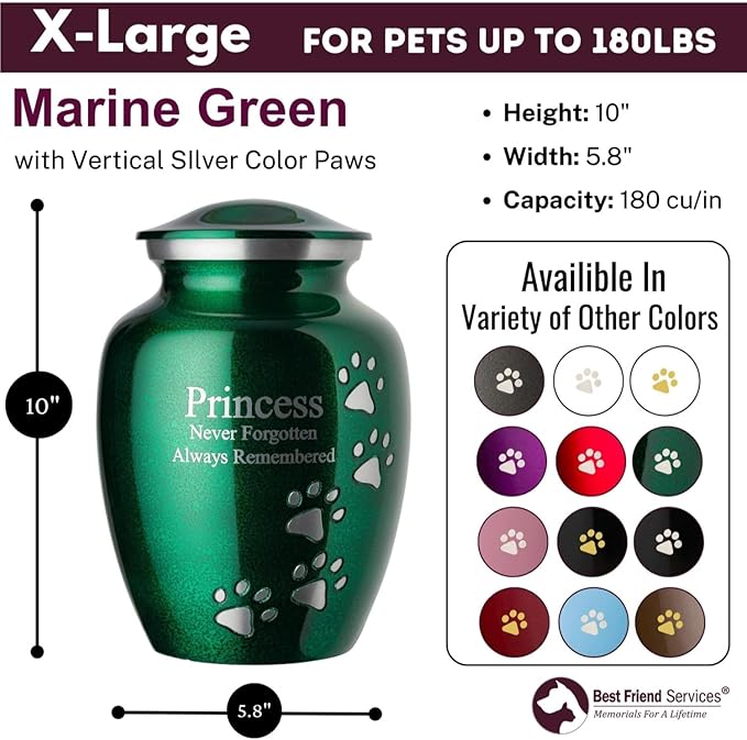 Ottillie Paws Premier Series Pet Urn for Dogs with Personalized Laser Engraving (X-Large - Pets up to 170 lbs, Marine Green with Vertical Pewter Paws)