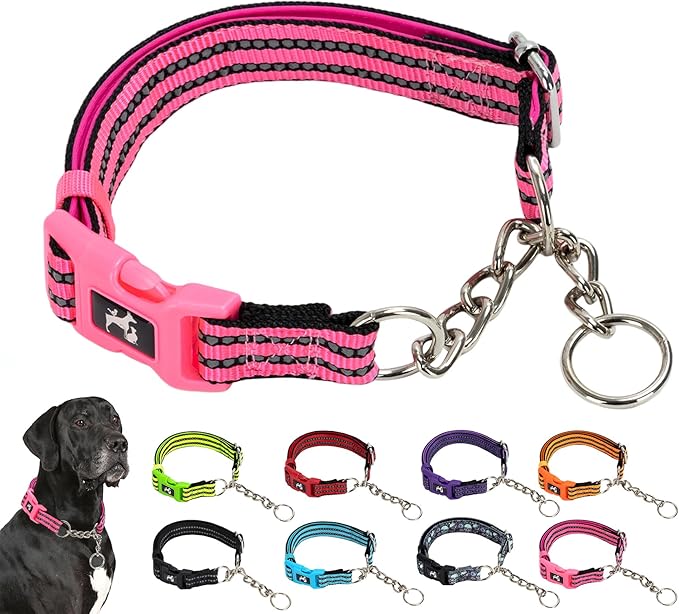 MAOWUWUJOA Martingale Collar for Dogs Reflective Nylon Dog Collar with Quick Release Buckle Adjustable Training No Slip Dog Collars(Pink,XL)