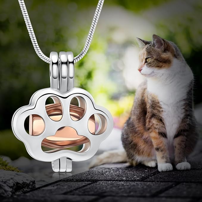 Pet Cremation Jewelry for Ashes Paw Memorial Locket Urn Necklace Keepsake Cremation Jewelry for Dog/Cat (Silver-Rose)