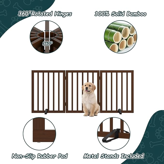 Freestanding Dog Gates Indoor, 3-Panel Pet Gates with 2 Metal Stands and 360° Hinge, 24" H Foldable Dog Gate for Stairs, Doorway, Kitchen, Expands Up to 55" Fully Assembled - Black Walnut