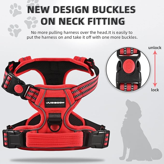 No Pull Dog Harness with A Free Heavy Duty 5ft Dog Leash, Adjustable Soft Padded Dog Vest, Reflective No-Choke Pet Oxford Vest with Easy Control Handle for Small and Large Dogs (Red, Medium)