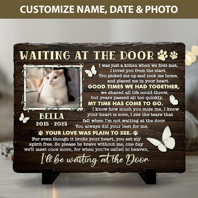 Emotional Tribute to Beloved Cat Death - Pet Grave Markers Headstone - in Remembrance of Cats, Pets Wait at The Door - Unique and Meaningful Memorial Stone Indoor Outdoor