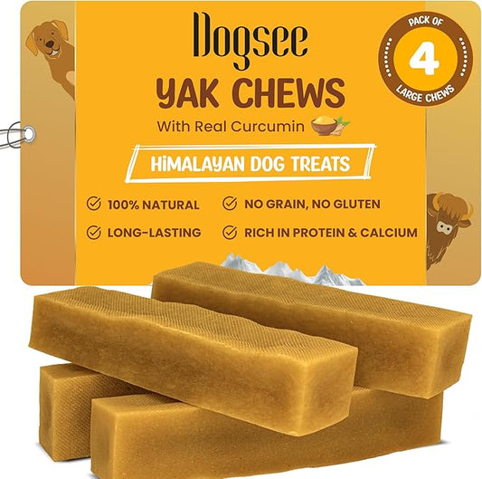 Dogsee Yak Cheese Himalayan Dog Chews with Turmeric 1lb (Large - 4 Bars) | 100% All Natural | Treats for Large Breed | Dog Chews Long Lasting for Joint Inflammation | High Protein | Dental Sticks