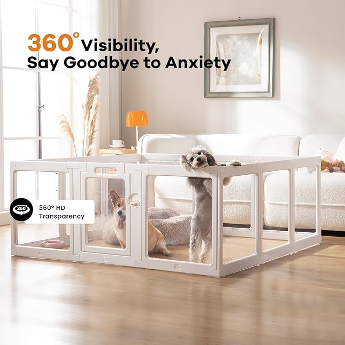 Clear Acrylic Dog Playpen Indoor, Puppy Cat Small Pet Play Pen, Pet Cat Playpen for Rabbits, Dog Fence Crate Kennel Whelping Cage (30", White, 12 Panel)