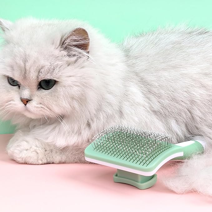 Self Cleaning Slicker Brush for Dogs & Cats, Easy One-Click Self-Cleaning Pet Grooming Brush, Skin-Friendly Deshedding Brush Removes Loose Fur & Undercoat for Long & Short Haired Pets, Green