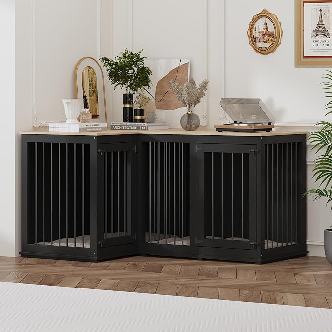Lovinouse Corner Dog Crate Furniture for 2 Dogs, Indoor Wooden Furniture Style Heavy Duty Large Dog Kennel House with Double Rooms & Divider for Large & Medium Dogs, Black
