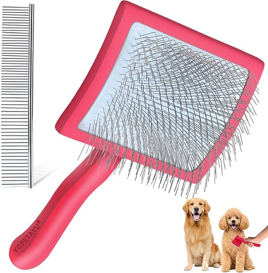Dog Slicker Brush for Goldendoodles, Poodles & Long Haired Dogs - Long Pin Doodle Brush & Pet Comb Kit Removes Tangles Loose & Knots, Professional Grooming Tools with Wooden Handle, Red