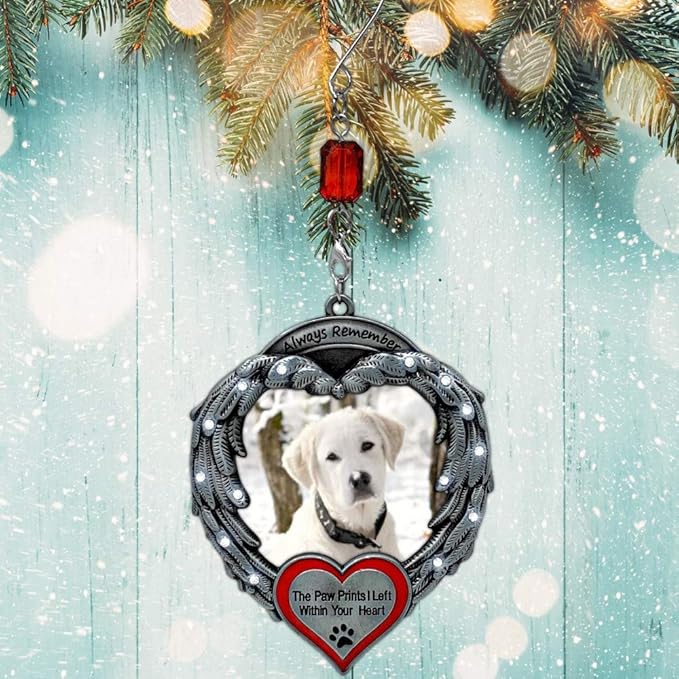 Pet Memorial Photo Ornament - Custom Picture Ornaments - Always Remember The Paw Prints I Left Within Your Heart - Angel Wings Christmas Decoration - Gift Storage Bag Included - Measures 4" H x 3" W