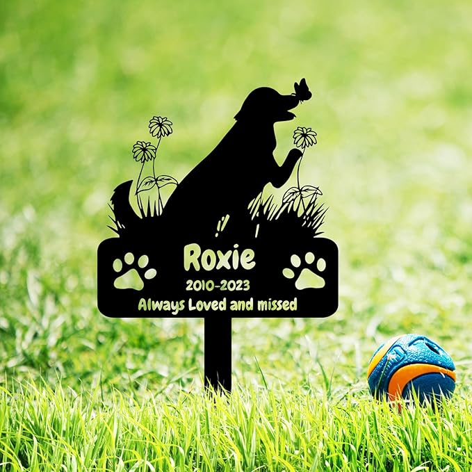 Personalized Flowers Dog Memorial Grave Marker Garden Stake, Custom Dog Memorial Grave Marker Burial Stake, Customized Metal Butterfly Dog Memorial Stake Plaque Outdoor Pet Headstone