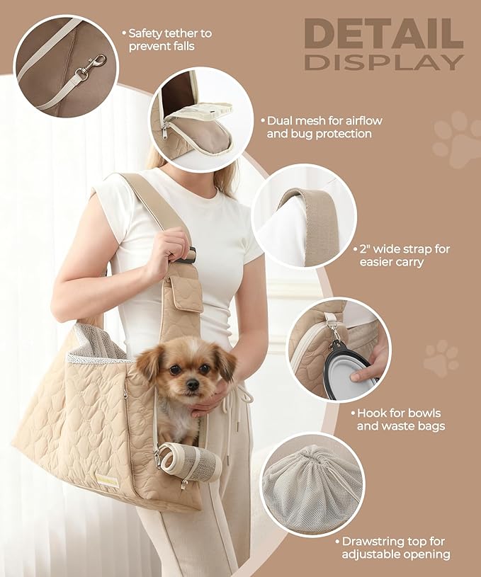 Dog Carrier Sling for Small Dogs, Front Cat Sling & Cats Up to 15 lbs, Dog Purse with Adjustable Strap Front Zipper Pocket, Double Safety Feature, Hands Free for Travel