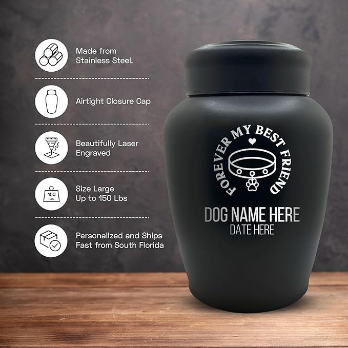 Personalized Custom Dog Urn Engraved Dog Name and Date - Stainless Steel Large Cremation urns for Dogs Ashes with Airtight Closure | up to 150 lbs Capacity | Forever My Best Friend