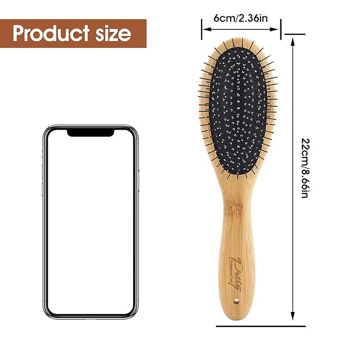 Dog Grooming Brush - 20mm Stainless Steel Round Pins, Bamboo Handle, No Scratch Brush for All Hair Types (1Pc)
