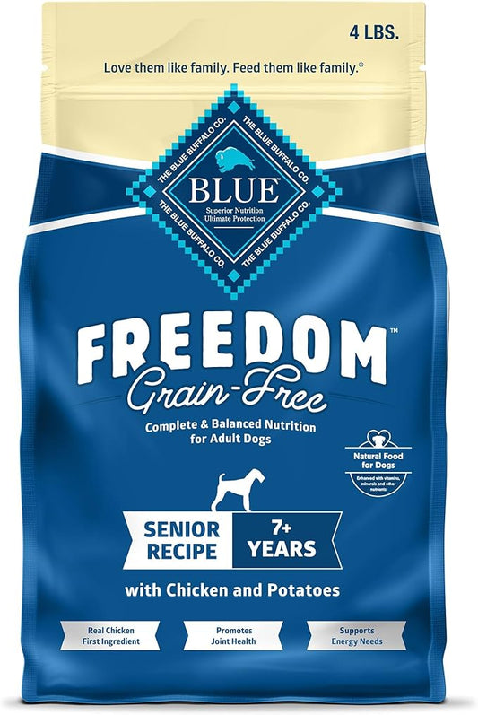 Blue Buffalo Freedom Grain-Free Senior Dry Dog Food, Provides Energy to Stay Active, Made in the USA with Natural Ingredients, Chicken & Potatoes, 4-lb Bag