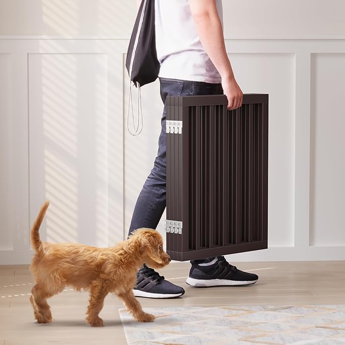 Semiocthome Freestanding Dog Gates for The House, Doorways, Stairs with 2PCS Support Feet, Foldable 4-Panel Pet Gates for Dogs, 24"(H) Extra Wide Doggy Fence for Inside Expands Up to 74"(W)- Brown
