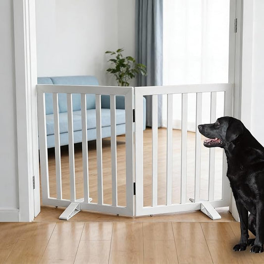 Dog Gate Indoor, Freestanding Dog Fence for The House, Doorways, Hallways,or Stairs,Pet Gate Foldable Wooden,Expandable 24" Height 2 Panels,White