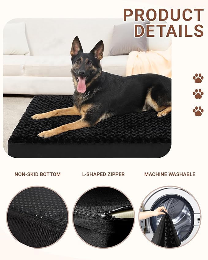 KSIIA Dog Crate Bed Waterproof Extra Large Dog Bed Soft Rose Velvet Supportive Kennel Pad Egg Crate Foam with Removable Washable Cover & Non-Slip Bottom, 47 x 29 Inch, Black