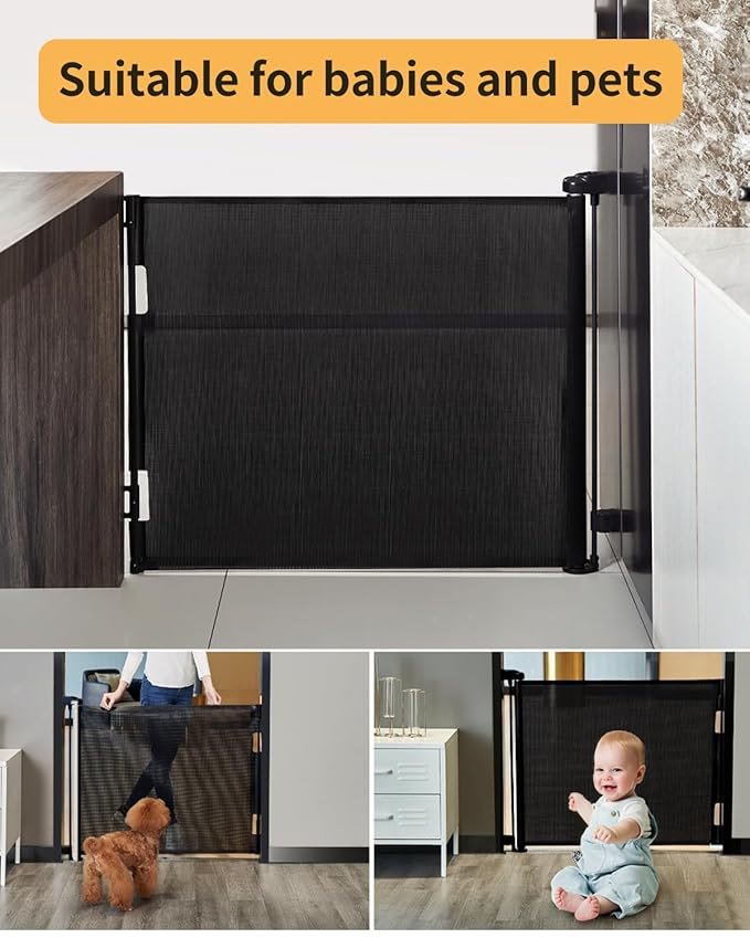 Retractable Baby Gate,Mesh Baby Gate or Mesh Dog Gate,33" Tall,Extends up to 55" Wide,Child Safety Gate for Doorways, Stairs, Hallways, Indoor/Outdoor（Black,33"x55"