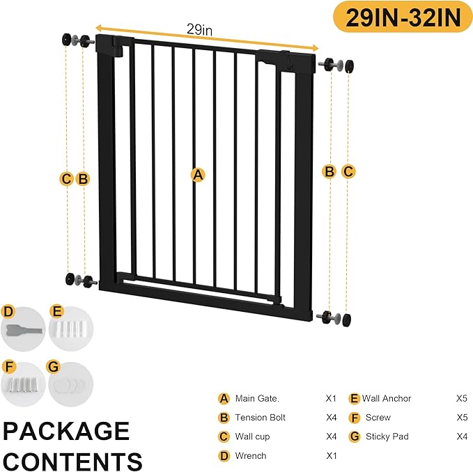 29-32 inches Metal Baby Gate for Stairs/Doorways, 30 inches Tall Pressure Mounted Pet Gates, Auto-Close Child Safety Gate, No Drilling Easy Walk-Through Dog Gate Indoor, Black