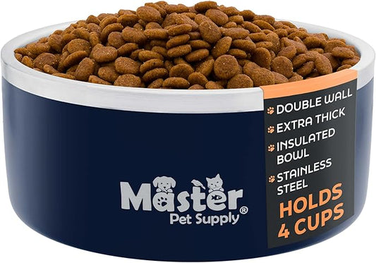 Master Pet Supply Stainless Steel Dog Bowls - 32 oz, Heavy Duty - Navy Blue, Double Wall Extra-Thick Insulated, Non-Slip Pet Water Bowl for Dogs, Cats & Pets, Anti Rust Metal, Dish Washer Safe
