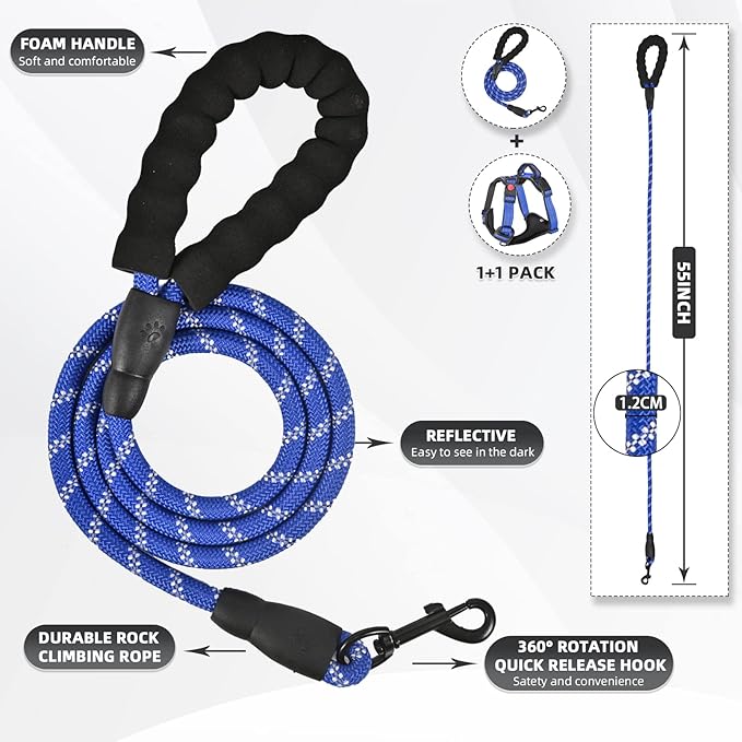 No Pull Dog Harness with A Free Heavy Duty 5ft Dog Leash, Adjustable Soft Padded Dog Vest, Reflective No-Choke Pet Oxford Vest with Easy Control Handle for Small and Large Dogs (Blue, Large)