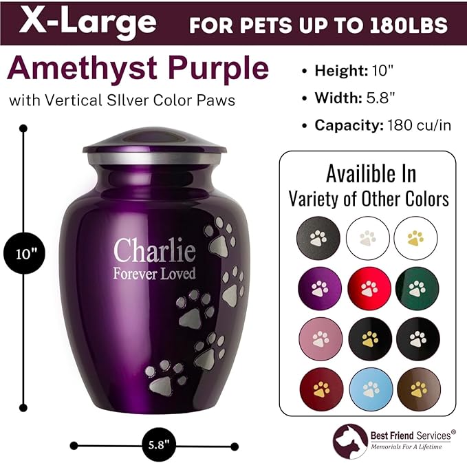Ottillie Paws Premier Series Pet Urn for Dogs with Personalized Laser Engraving (X-Large - Pets up to 170 lbs, Amethyst Purple with Vertical Pewter Paws)