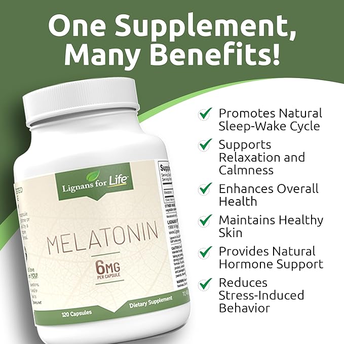 Lignans for Life Melatonin for Dogs & People, 6mg - 120 Capsules - Capsules - Pet Treats - Vitamins for Overall Health