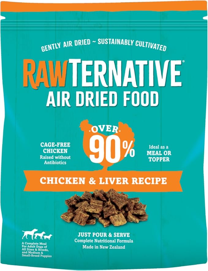RawTernative Air Dried Dog Food, High Protein, Over 90% Real Chicken & Liver + New Zealand Green Mussels, Complete Meal or Topper, Grain Free, Gluten Free, Non GMO, (5 lb Bag)