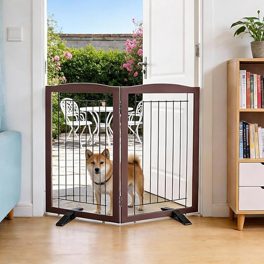 Dog Fence Indoor,Dog Gate Indoor for Doorway pet gate -2-Panel Freestanding, Hallways, House or Stairs -40x32-Inch Retractable Foldable Expandable Wood Pet by SFJC (Brown) ﻿