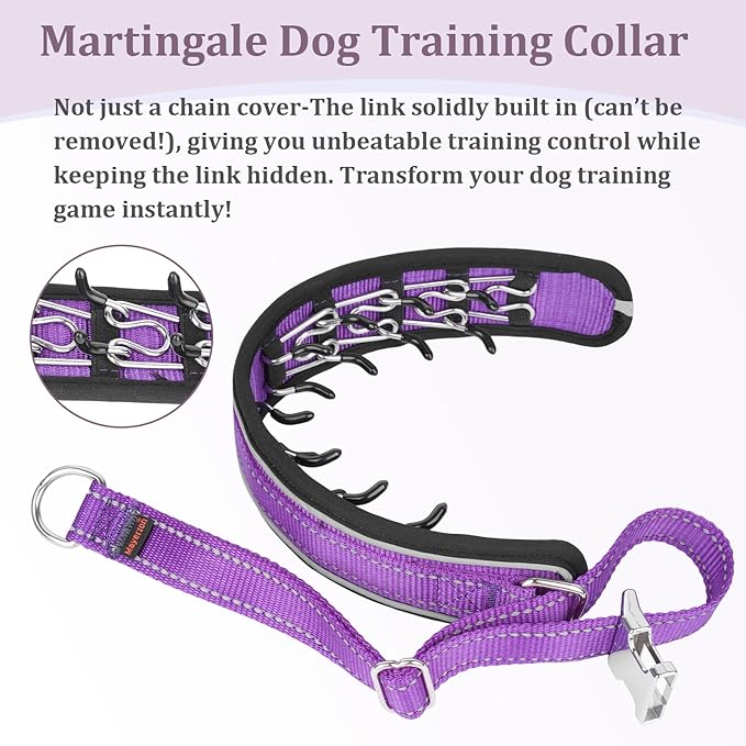 Mayerzon Prong Collar for Large Medium Dogs, Patented Reflective Pinch Collar with Metal Buckle, No Pull Adjustable Hidden Covered Dog Walking Training for Pitbull German Shepherd Doberman(Purple, XL)