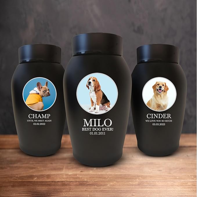 Personalized Custom Photo Dog Urn Engraved Dog Name and Date Stainless Steel Cremation Urns for Dogs Ashes with Pet Photo | Up to 50 Lbs | Standard 7" x 5" | Black