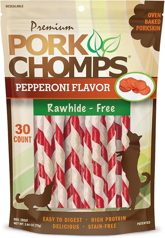 Pork Chomps Baked Pork Skin Dog Chews, 5 Inch Mini Twists, 30 Count - Pepperoni Flavor Wrap - Long-Lasting Treats for Dogs - High Protein, Rawhide-Free, Low Fat, Healthy & Delicious Chews
