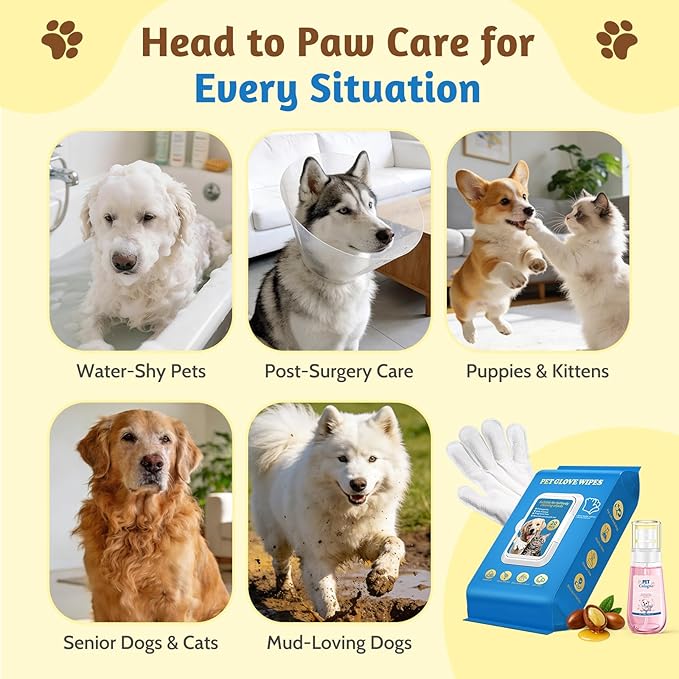 Cleansing & Deodorizing Pet Glove Wipes for Dogs & Cats with Pet Deodorizing Spray, Hypoallergenic & Nourishing Rinse-Free Mitts, Thick Design for Home Spa Care, 20pcs