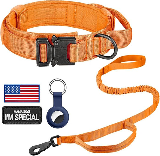 DAGANXI Tactical Dog Collar, Adjustable Military Training Nylon Dog Collar with Control Handle and Heavy Metal Buckle for Medium and Large Dogs, with Patches and Airtags Case (Orange-Set, M)