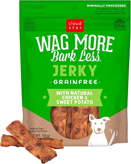 Cloud Star Wag More Bark Less Chicken & Sweet Potato Recipe Grain-Free Jerky Dog Treats 10 Ounce Bag, Model: 693804191113