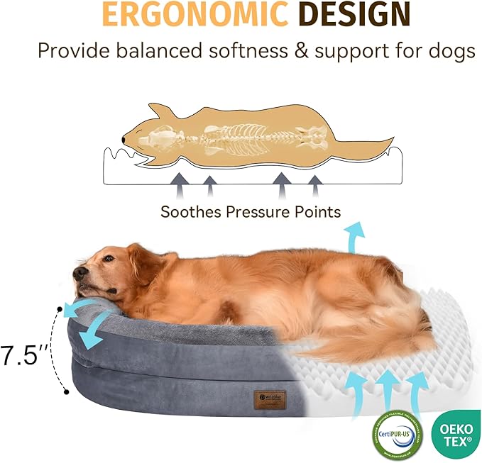 Orthopedic Washable Large Dog Bed: Waterptoof Dog Bed with Bolsters - Removable Cover Orthopedic for Large Sized Pet- Non-Slip, Dark Grey, 48" L x 35" W x 7.5" Th