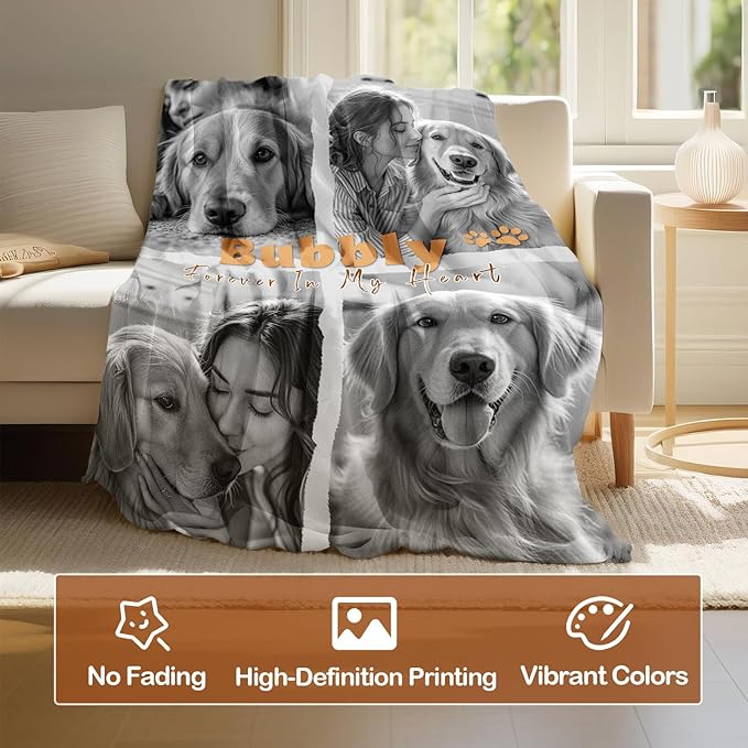 Bemaystar Pet Memorial Gifts for Dogs - Ships Next Day Custom Dog Blanket with Photo & Name Black and White Photo Processing Dog Memorial Gifts for Loss of Dog Cat Passing Away Souvenir(4 Photos)