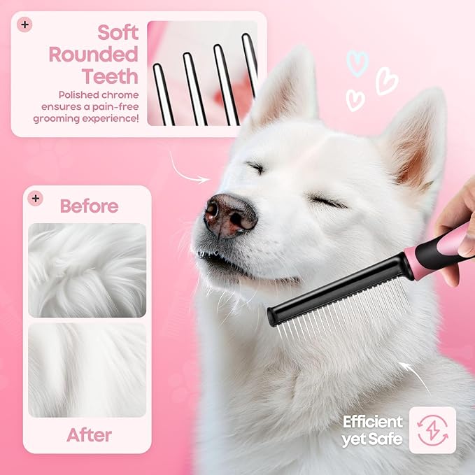 Flexzion Metal Pet Comb for Cats & Dogs - Sturdy Stainless Steel Rounded Teeth with Non-Slip Soft Grip Handle Easy to Use Grooming Detangling Cat Combs for Indoor Cats, Pink