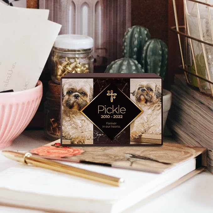 Custom Pet Keepsake Urns for Dogs, Wooden Box for Pet Ashes with Photo for Your Beloved Pets, Pet Cremation Urns as Sympathy Gifts for Pet Lovers - Small, 6" x 4" x 2.75" (Pickle)