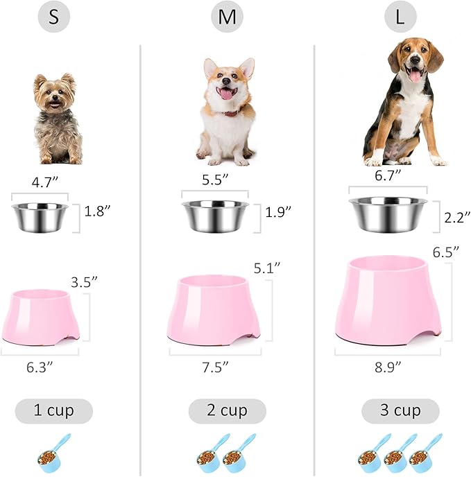 Dog Bowls,Cone Friendly Non Slip Single Dog Bowl with Stainless Steel Inner, Raised Bowls for Smll Dogs Spaniel Dogs Long Ear, High Capacity, S/1 Cup Pink