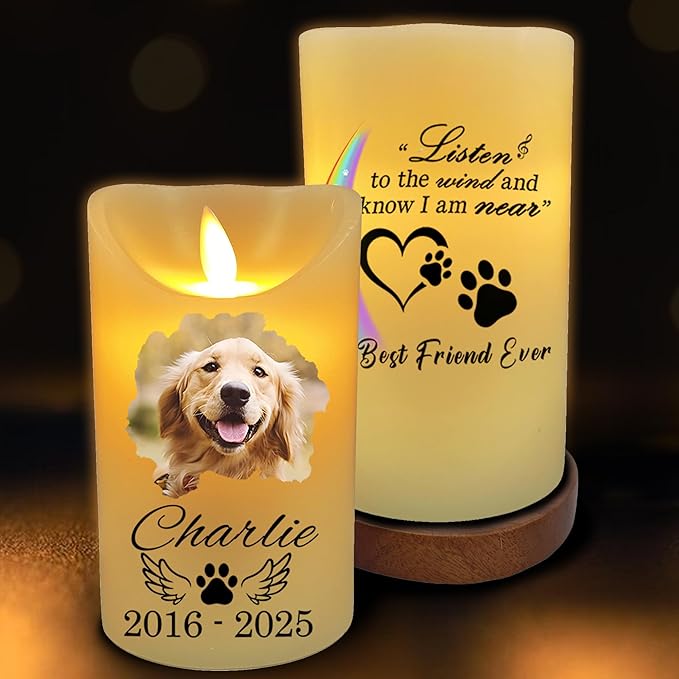 Personalized Dog Memorial LED Candle – Custom Remembrance Gift for Pet Loss, Battery Flickering Electric Candle, Bereavement Gift for Dog Lovers